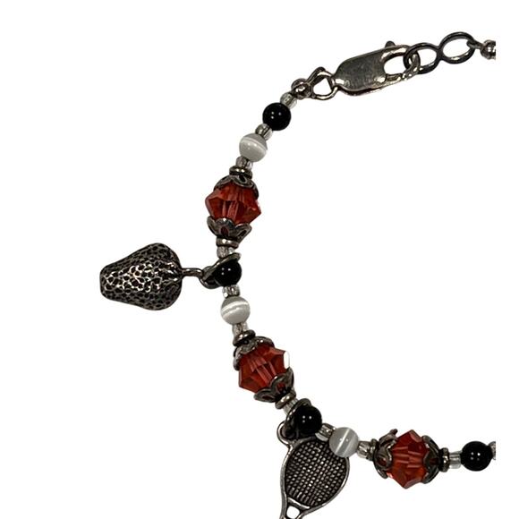 Tennis Charm Bracelet with Rackets & Strawberries Crystal Beads Sports Jewelry - Picture 4 of 6